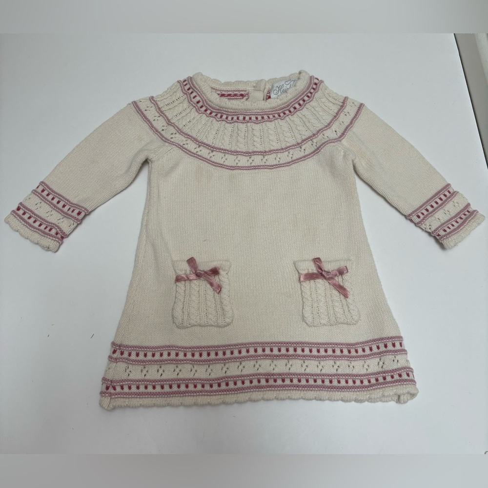 Heirlooms by Polly Flinders knit sweater dress, cream pink‎ bows 3-6 months